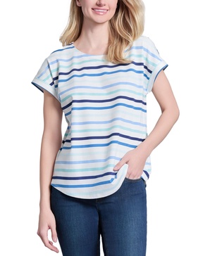 Women's Striped Crewneck Cuffed-Sleeve Top
