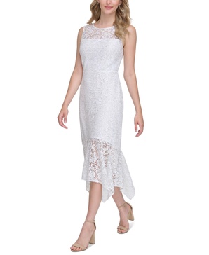 Women's Floral Lace Handkerchief-Hem Midi Dress