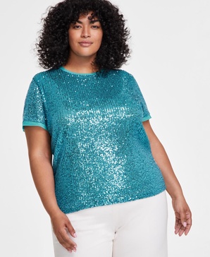Plus Size Sequined Mesh-Trim Short-Sleeve Top