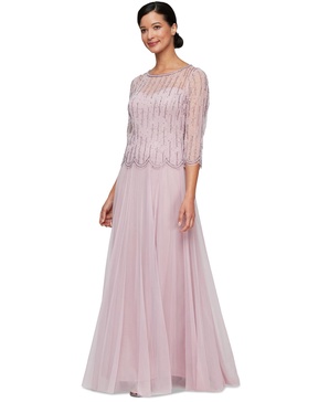 Petite Beaded 3/4-Sleeve Chiffon Gown