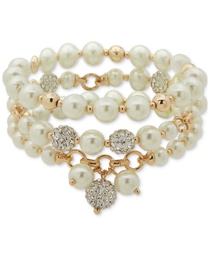 Gold-Tone Pavé Fireball & Imitation Pearl Triple-Row Stretch Bracelet 