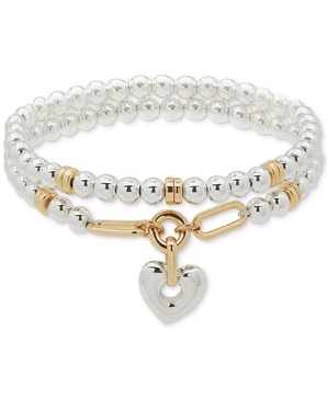 Two-Tone Heart Charm Beaded Double Row Stretch Bracelet