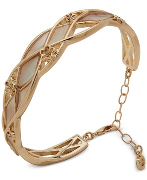 Gold-Tone Pavé Flower Mother-of-Pearl Inlay Cuff Bracelet 