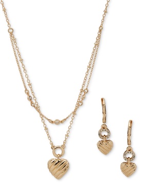Gold-Tone 2-Pc. Set Textured Heart Layered Necklace & Matching Drop Earrings