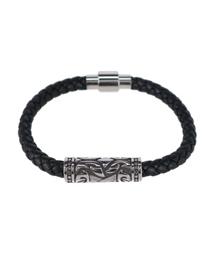 Silver Filigree Pattern on Black Leather Bracelet