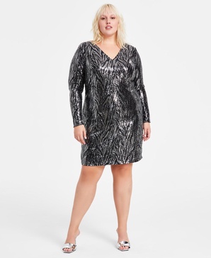 Trendy Plus Size Sequined Zebra-Stripe Dress, Created for Macy's