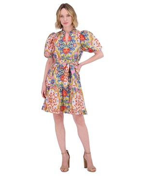 Women's Printed Cotton Ruffle-Neck Tie-Waist Dress