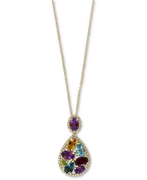 EFFY® Multi-Gemstone (3-3/4 ct. t.w.) & Diamond (1/4 ct. t.w.) Pear Halo 18" Pendant Necklace in 14k Gold