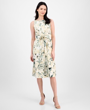 Women's Refined Linen Floral-Print Tie-Waist Sleeveless Dress