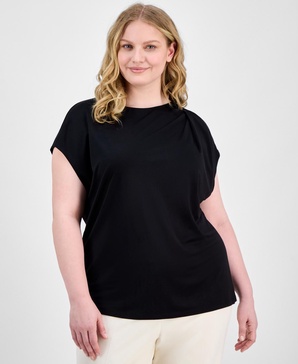 Plus Size Pleat-Neck Short-Sleeve Blouse