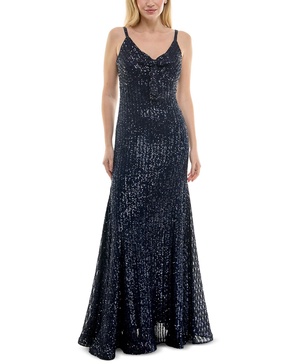 Women's Sequined Bow-Trim V-Neck Sleeveless Gown