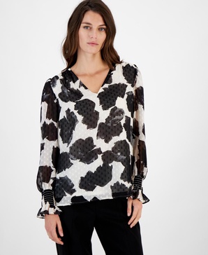 Women's Printed V-Neck Long-Sleeve Blouse