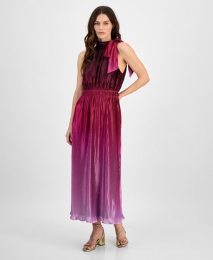 Women's Pleated Bow-Neck Midi Dress