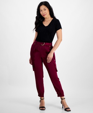 Women's Petite High-Rise Belted Satin Cargo Pants, Created for Macy's 