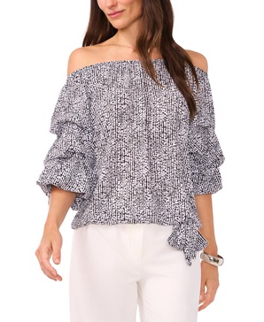 Women's Printed Off The Shoulder Bubble Sleeve Tie Front Blouse