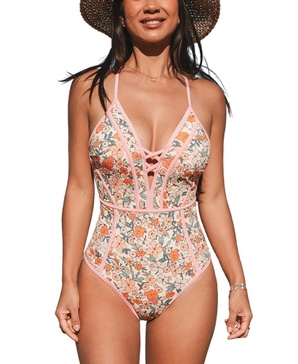 Women's Elegant Floral One-Piece Swimsuit with Criss-Cross Front Detail