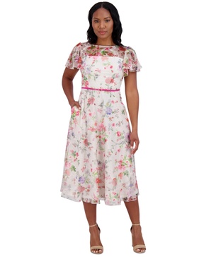 Women's Floral Flutter-Sleeve Belted Midi Dress