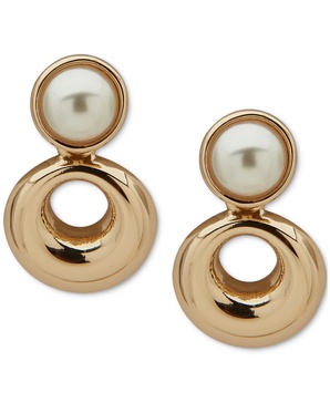 Gold-Tone Imitation Pearl Button Open Circle Drop Earrings