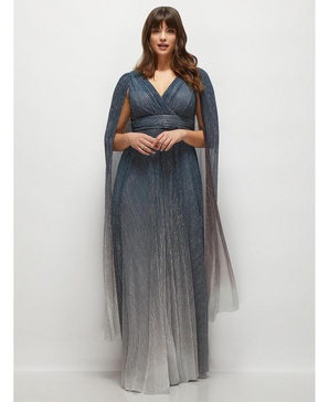Women's Streamer Sleeve Ombre Pleated Metallic Maxi Dress