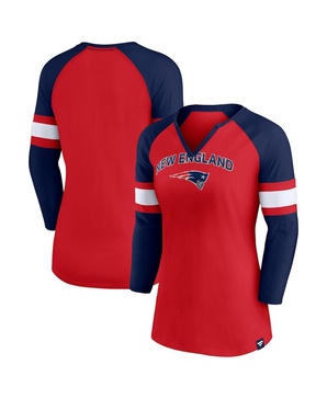 Women's Red, Navy New England Patriots Arch Raglan 3/4-Sleeve Notch Neck T-shirt