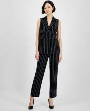  Klein Women's Pinstripe Sleeveless Single-Button Blazer & Mid-Rise Pull-On Pants