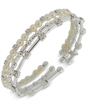 Silver-Tone 3-Pc. Set Crystal & Imitation Pearl Cuff Bracelets 
