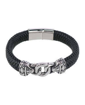 Silver Interlock Pattern on Black Leather Bracelet