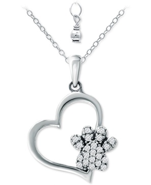 Cubic Zirconia Heart & Paw 18" Pendant Necklace, Created for Macy's