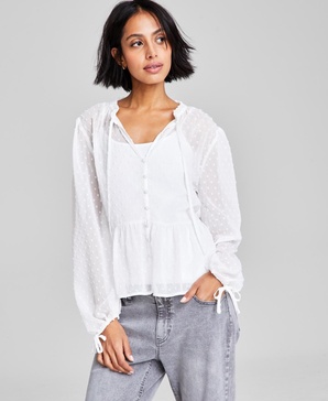 Women's Clip-Dot Tie-Neck Button-Down Woven Blouse