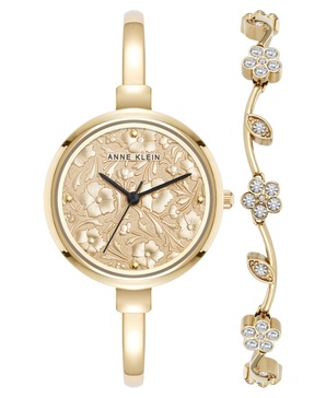 Women's Quartz Charming Floral Gold-Tone Metal Alloy Watch Set, 32mm