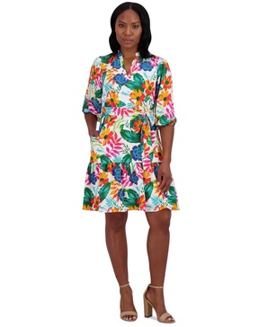 Petite Floral Balloon-Sleeve Split-Neck Dress
