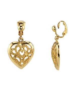Gold Tone Filigree Heart Drop Clip Earrings