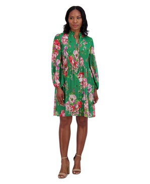 Women's Chiffon Pleated Floral-Print Dress