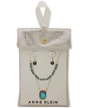 Gold-Tone 2-Pc. Set Green Stone Layered Necklace & Matching Drop Earrings