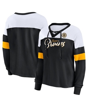 Women's Black Boston Bruins Take the Shot Long Sleeve Lace-Up V-Neck T-Shirt