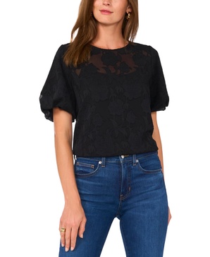 Women's Floral-Jacquard Puff-Sleeve Top