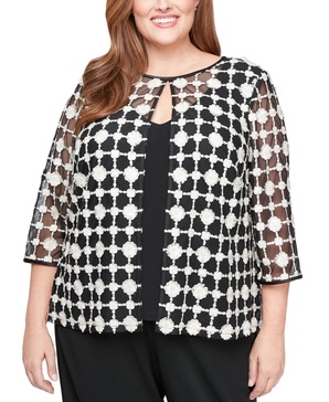 Plus Size 3/4-Sleeve Embroidered Jacket & Tank Top Set