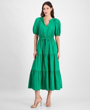 Women's Tiered Tie-Waist Puffed-Sleeve Dress