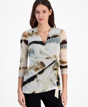 Women's Printed-Mesh 3/4-Sleeve Wrap Top