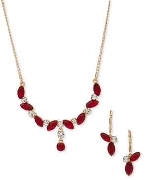 Gold-Tone Mixed Crystal Lariat Necklace & Drop Earrings Set