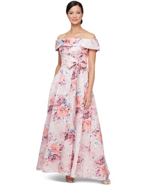 Petite Floral-Print Off-The-Shoulder Gown