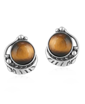 Sterling Silver Tiger's Eye Gemstone Leaf Design Button Earrings