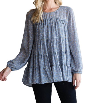 floral print tiered top in dusty blue
