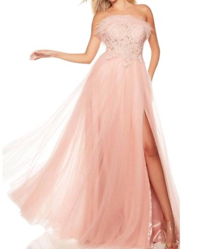 strapless feather corset ballgown in pink