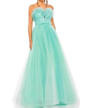 strapless glitter tulle ballgown in aqua ombre