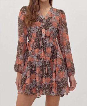 floral print chiffon drawstring waist dress in multi