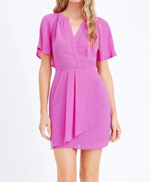 annalise flutter sleeve draped mini dress in pink