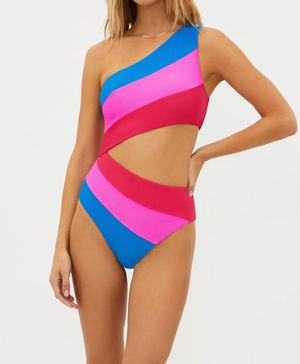 joyce one shoulder one piece bathing suit in orchid colorblock multi