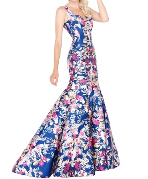 floral mermaid gown in navy blue floral print
