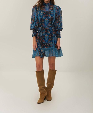 blue arabesque floral high neck mini dress in arabesque blue